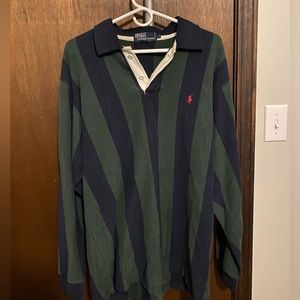 Mens Vintage Polo Ralph Lauren Vertical Stripes Long Sleeved Navy Blue & Green